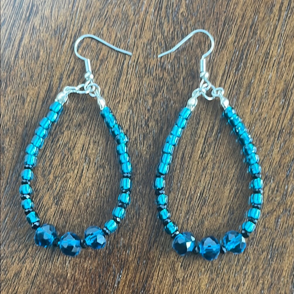 Handmade Teal Beaded Hoop Dangle Earrings Boho Festival Statement